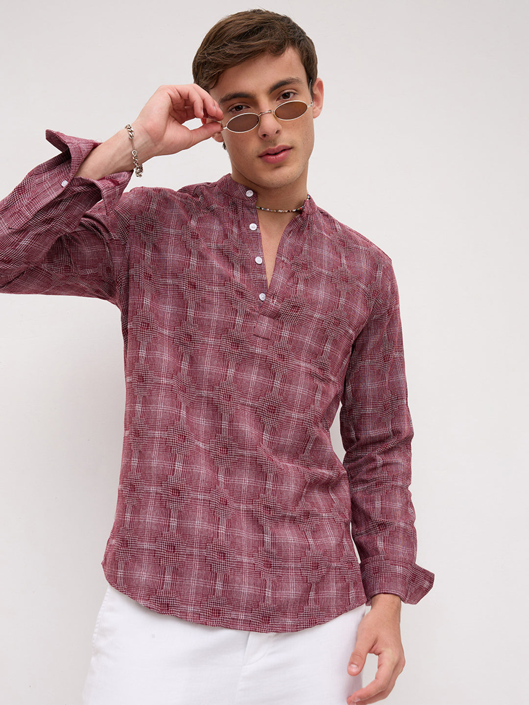 Maroon Glitch Micro Check Textured Matrix Everyday Kurta
