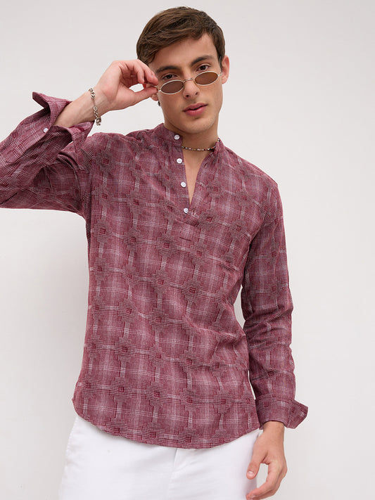 Maroon Glitch Micro Check Textured Matrix Everyday Kurta