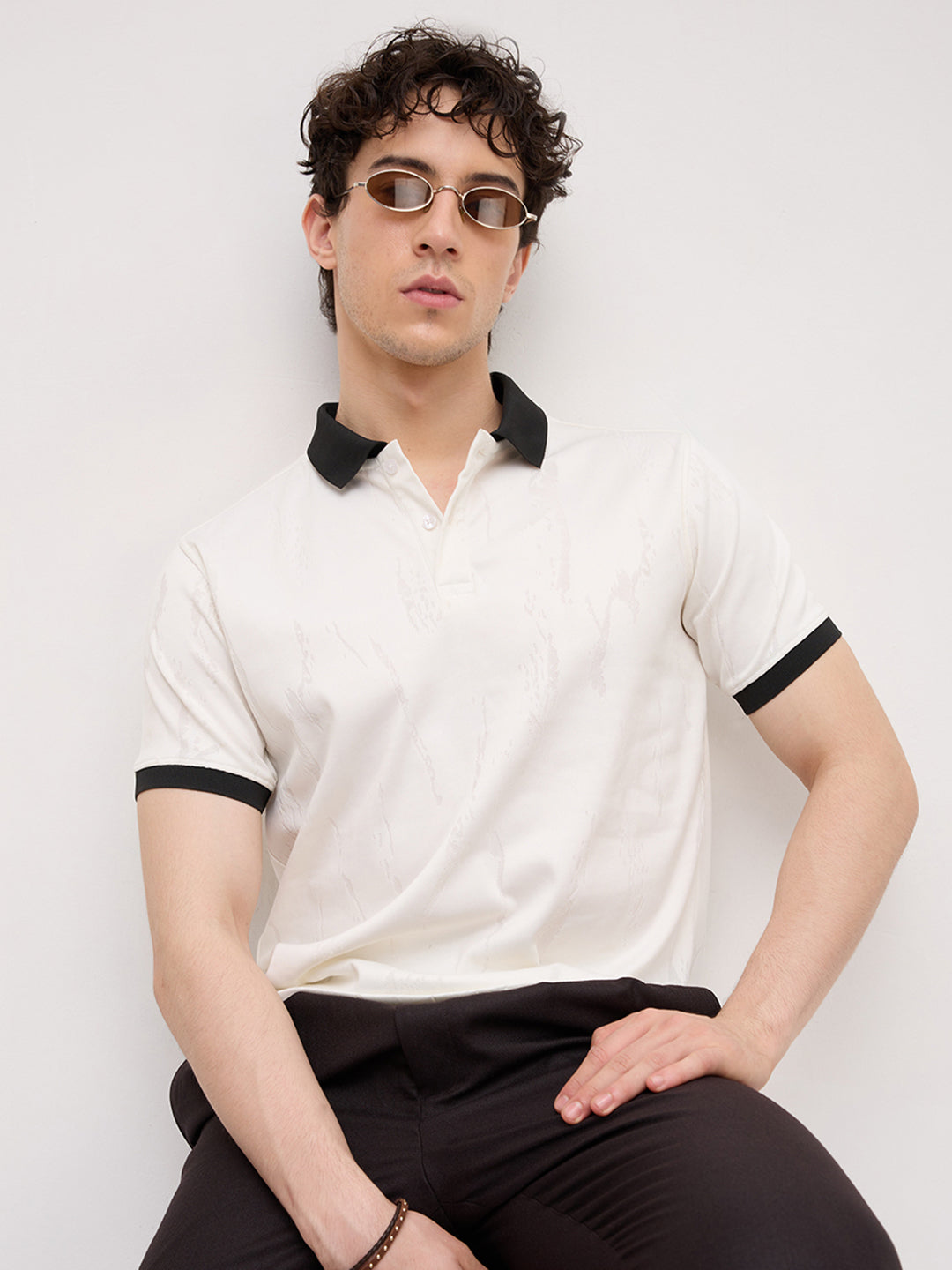 Intricate White Textured Contrast Polo Knit T-Shirt