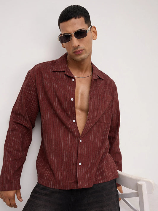 Elegant Maroon Multi-Stripe Weave Oversized Notch Collar Shirt