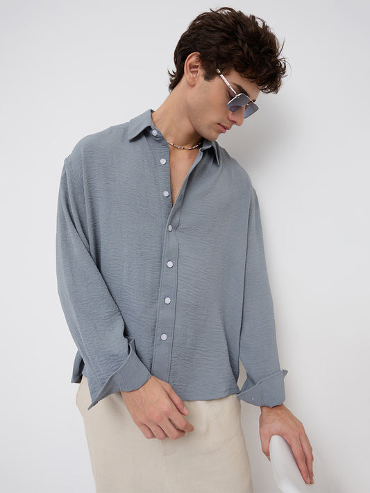 Plush Steel Grey Lightweight Crinkled Boxy Fit Crop Shirt