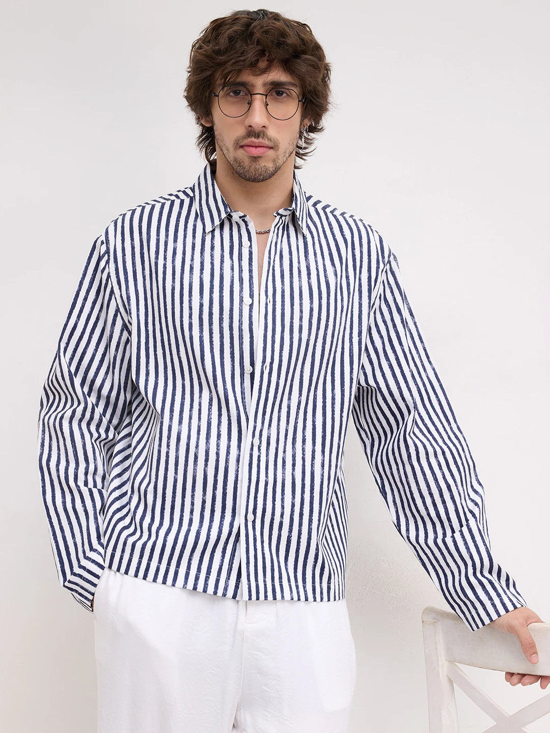 Navy Brushed Striped Weekend Escape Cuffless Oversized Shirt