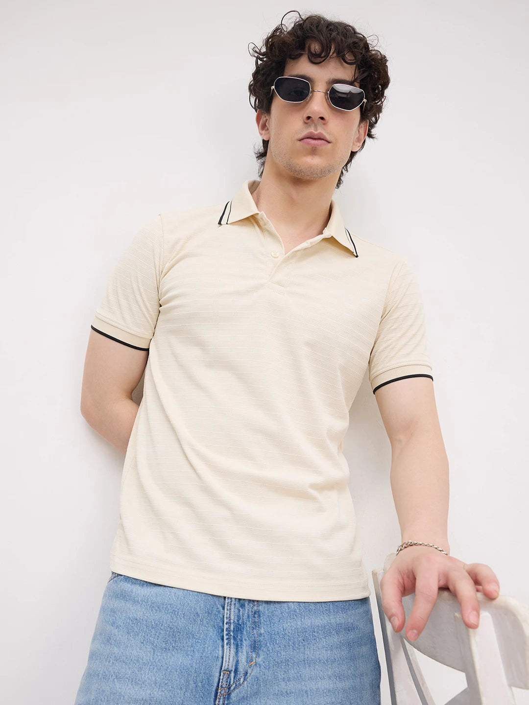 Elite Cream Stripe Weave Knitted Tee