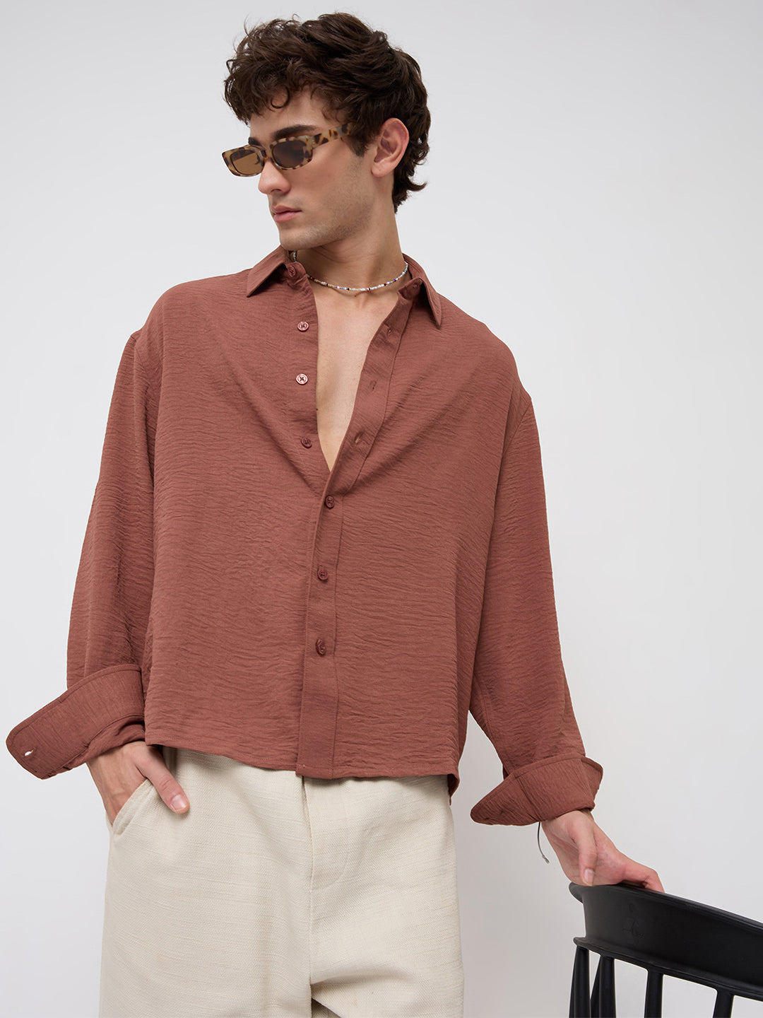 Russet Brown Crinkled Boxy Fit Crop Shirt
