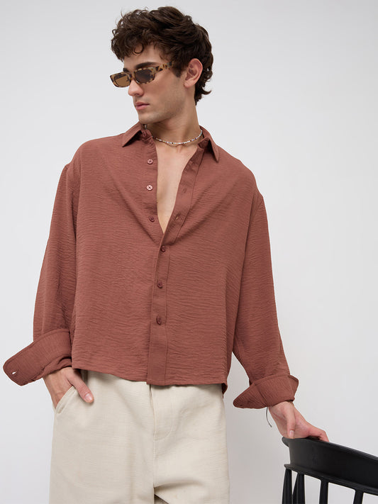 Russet Brown Crinkled Boxy Fit Crop Shirt