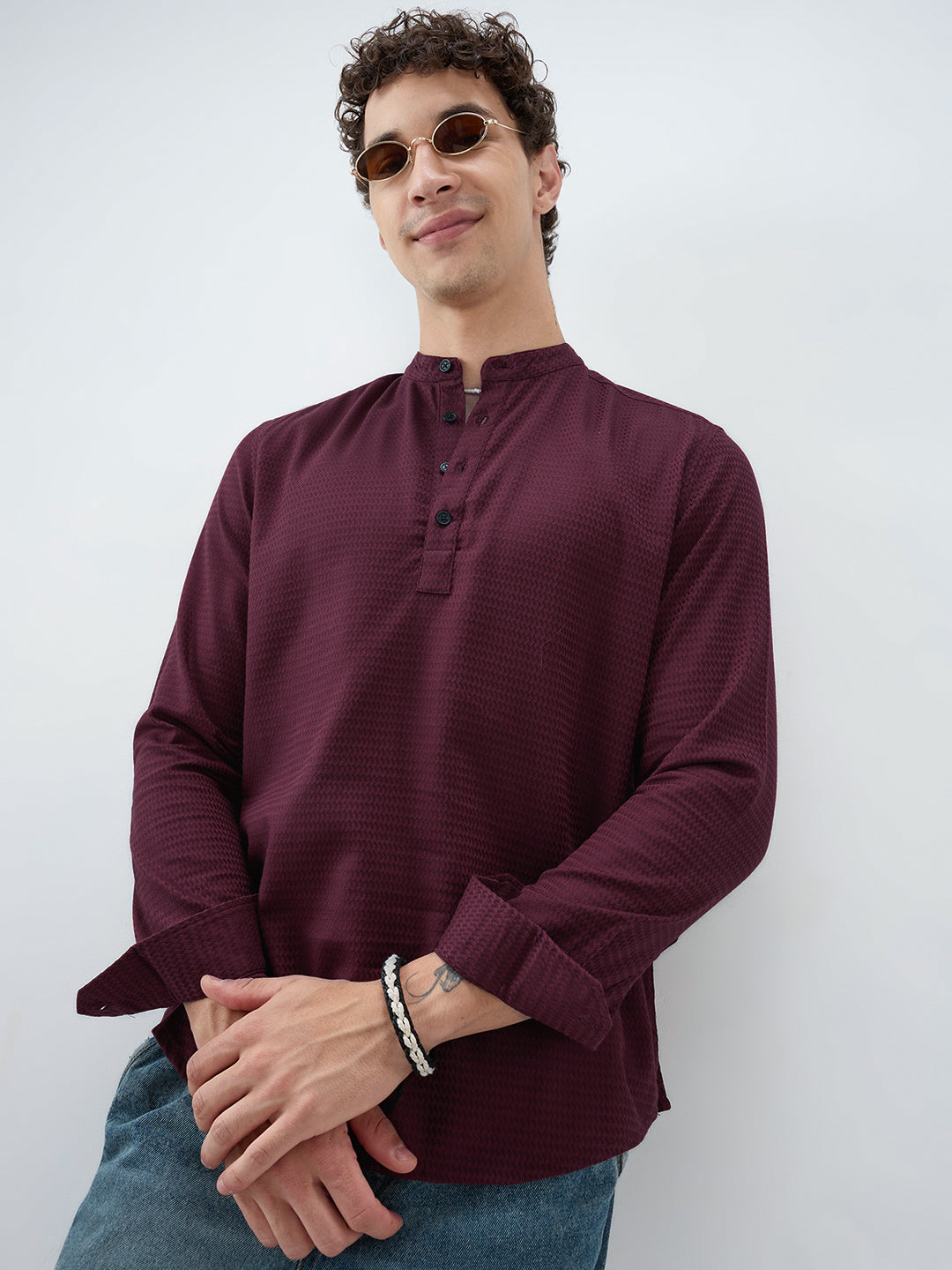 Garnet Red Wavey Textured Kurta
