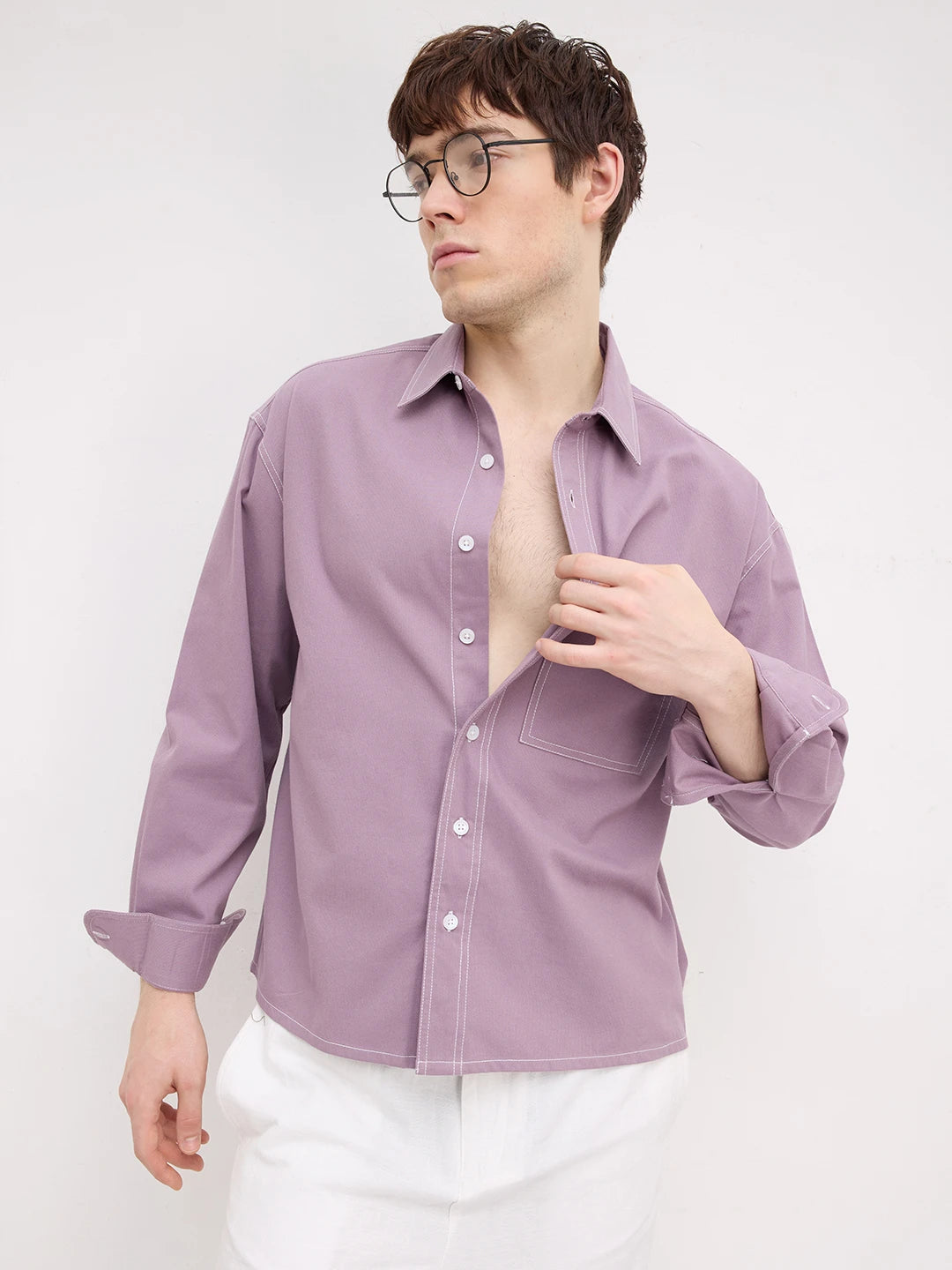 Rich French Lavender Contrast Stitch Boxy Fit Crop Cord Shirt