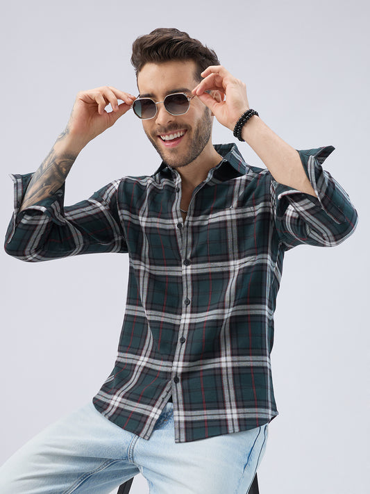 Premium Cotton Deep Forest Green Contrast Checks Shirt