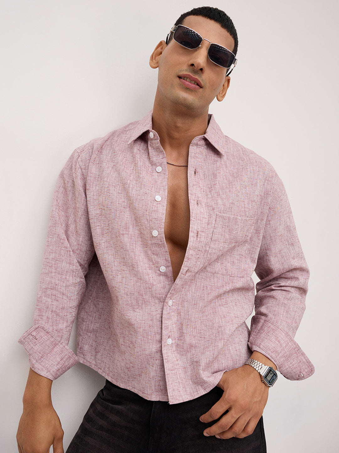 Brown Melange Textured Boxy Fit Crop Shirt