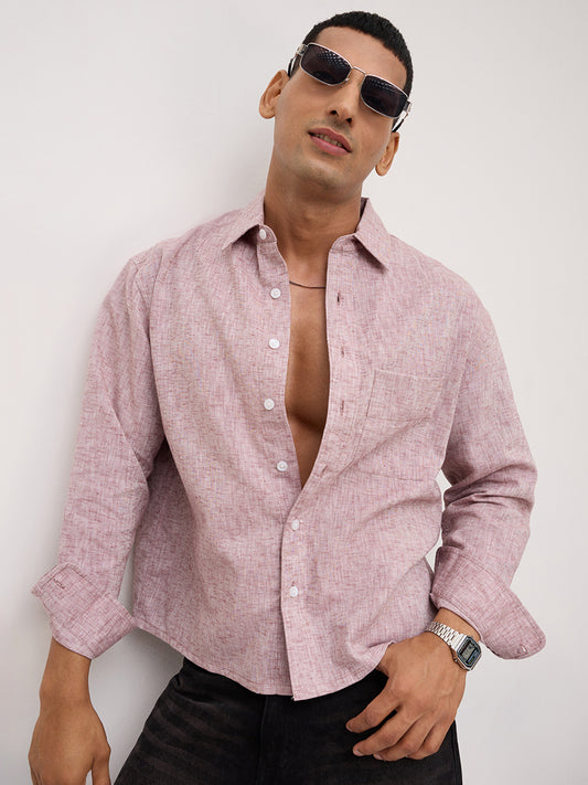 Brown Melange Textured Boxy Fit Crop Shirt