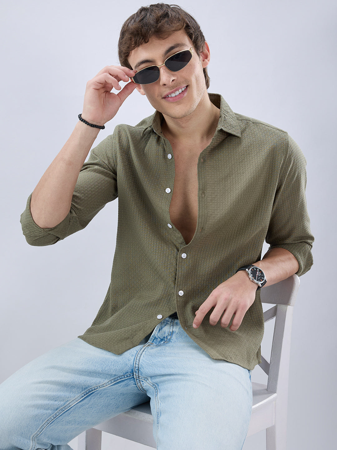 Olive Open Weave Refined Textured Checks Shirt