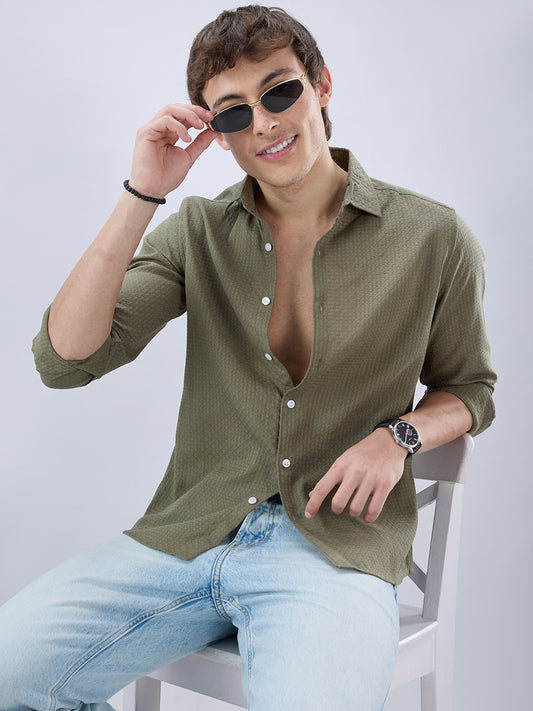 Olive Open Weave Refined Textured Checks Shirt