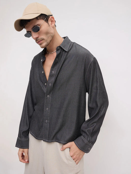 Black Soft Sheen Woven Boxy Fit Crop Shirt