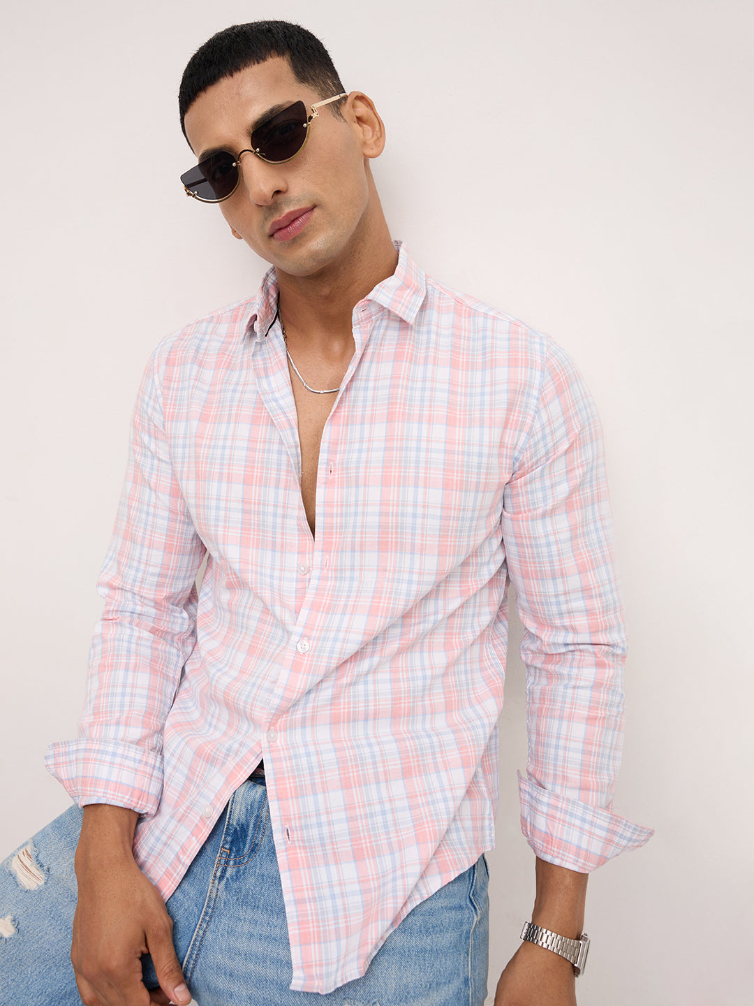 Soft Peach & Blue Pastel Grid Checks Shirt