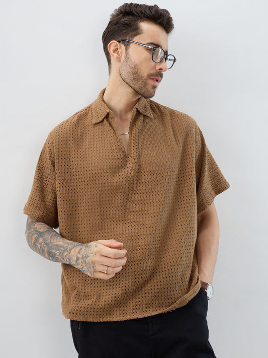 Tawny Brown Crochet Oversized Polo Shirt