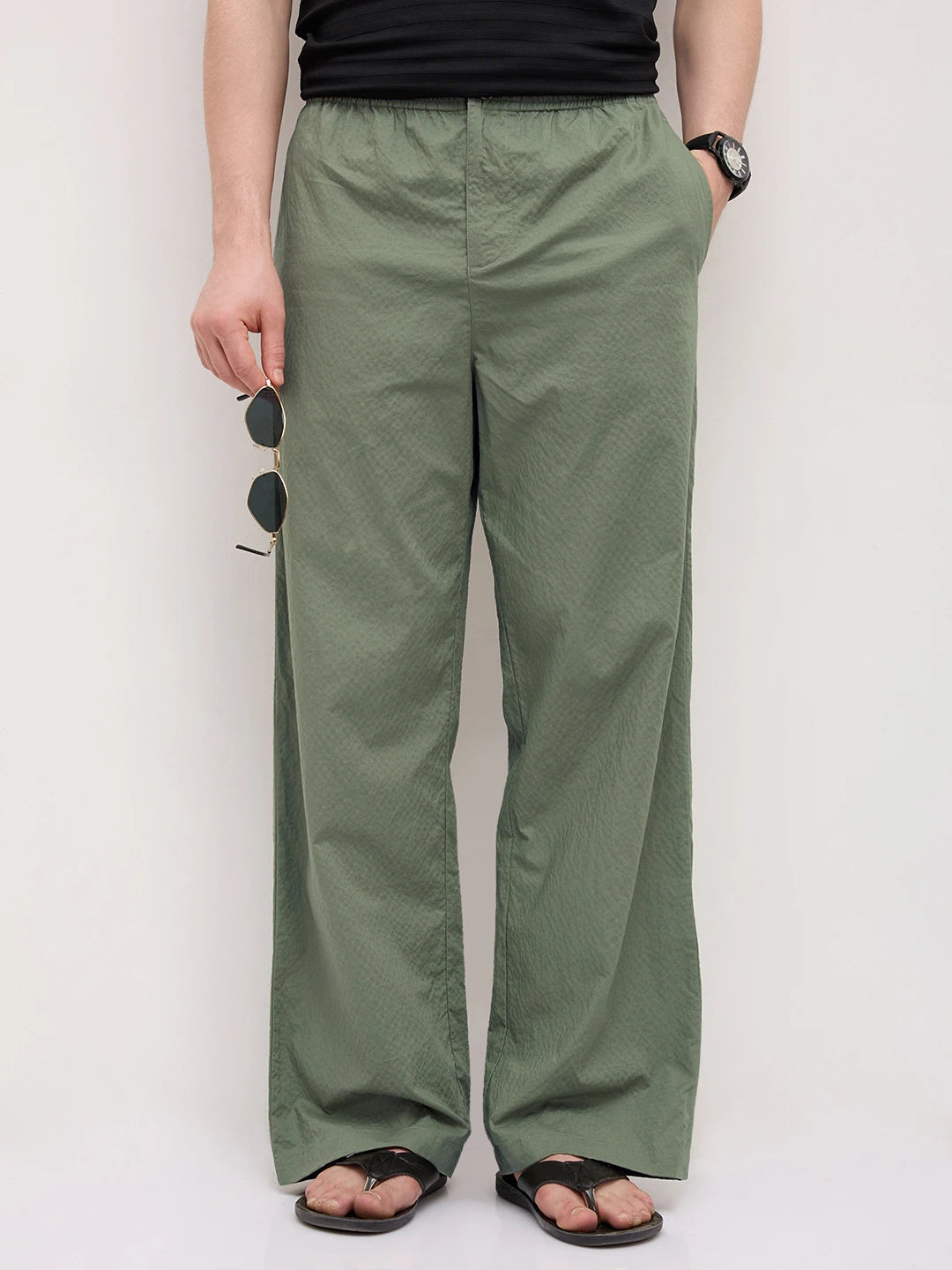 Sage Green Fine Textured Wide Leg Trousers