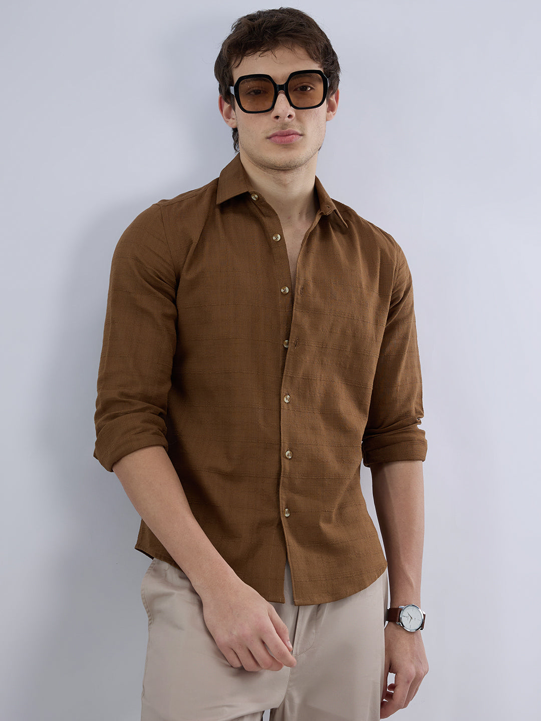 Russet Brown Micro Grid Weave Textured Shirt