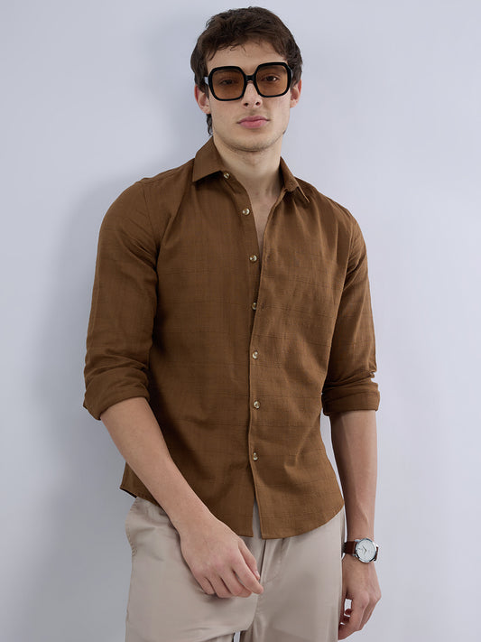 Russet Brown Micro Grid Weave Textured Shirt