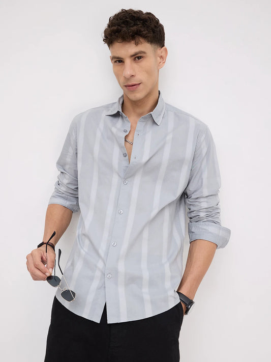 Bluish Grey Textured Striped Weave Shirt