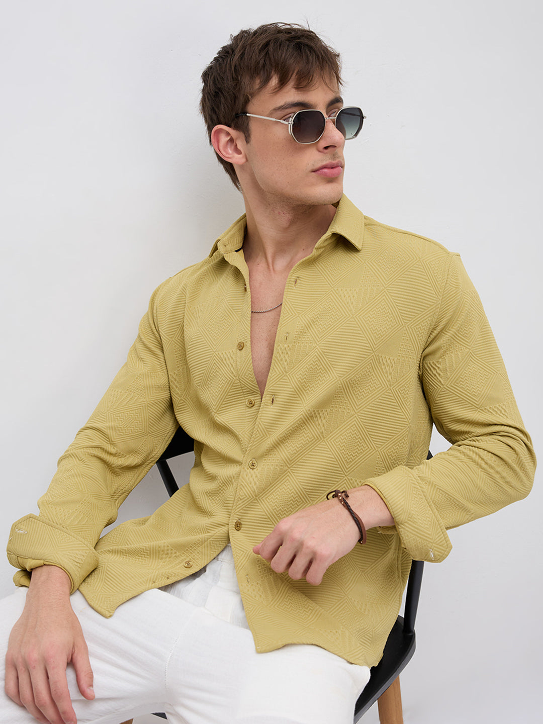 Sunlit Mustard Maze Textured Knitted Shirt
