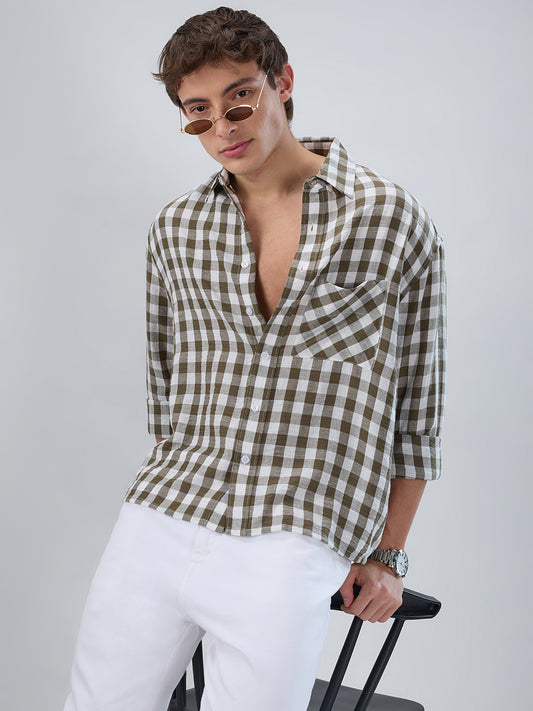 Olive Gingham Checks Crinkled Boxy Fit Crop Shirt