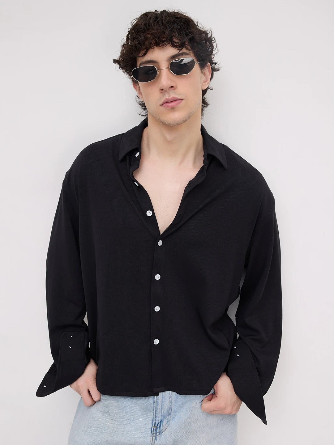 Rich Black Fine Textured Knitted Boxy Fit Crop Shirt