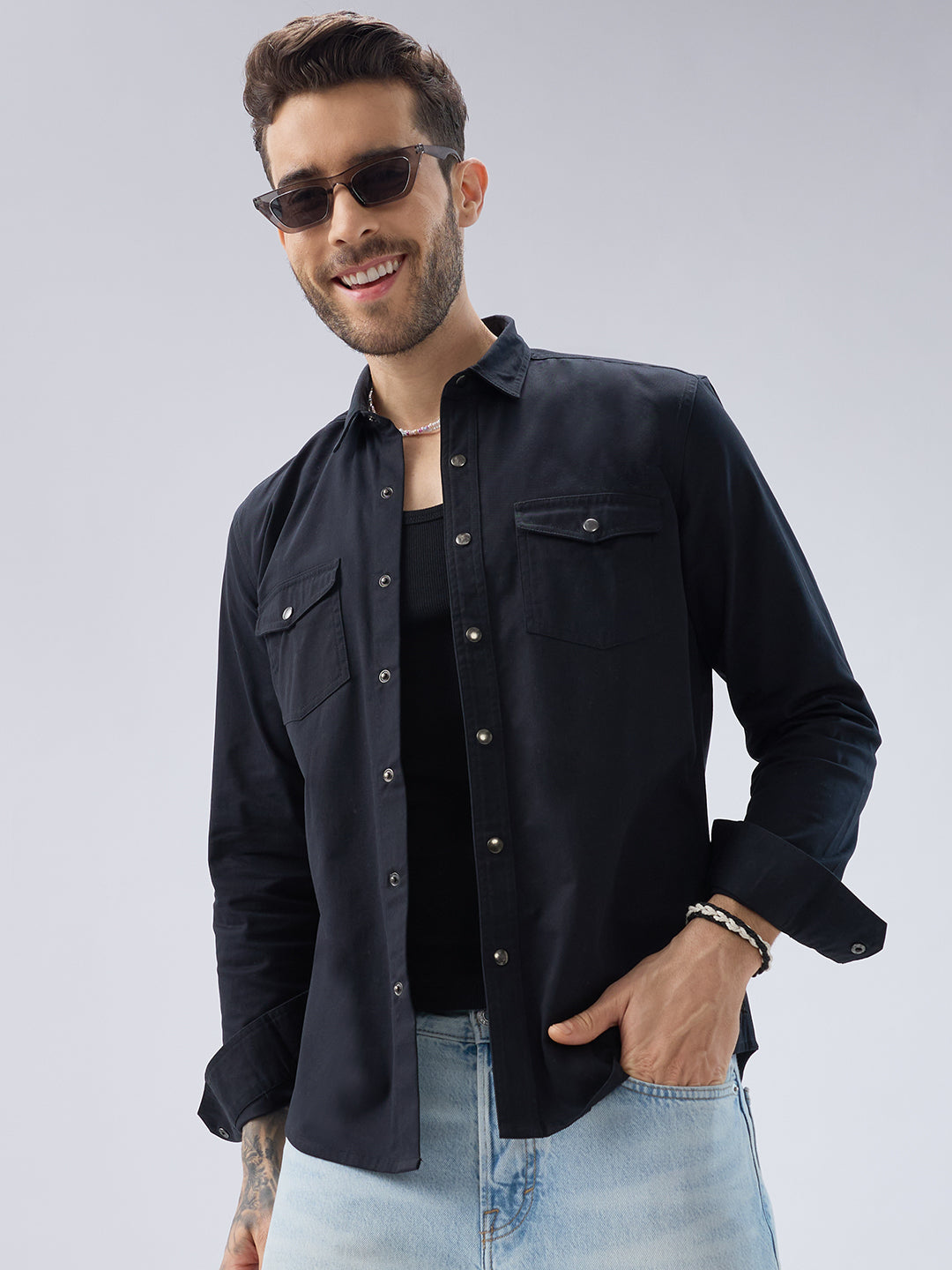 Elegant Solid Black Double Pocket Overshirt