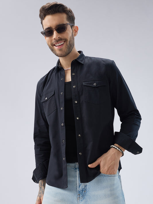 Elegant Solid Black Double Pocket Overshirt