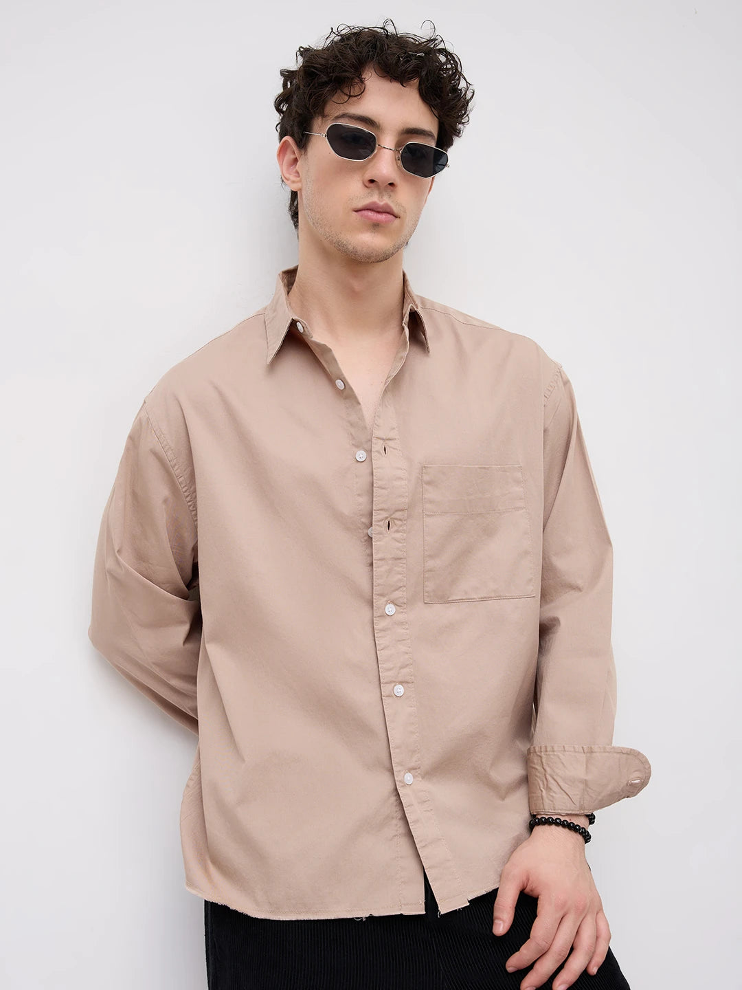Classic Sand Beige Boxy Fit Crop Shirt