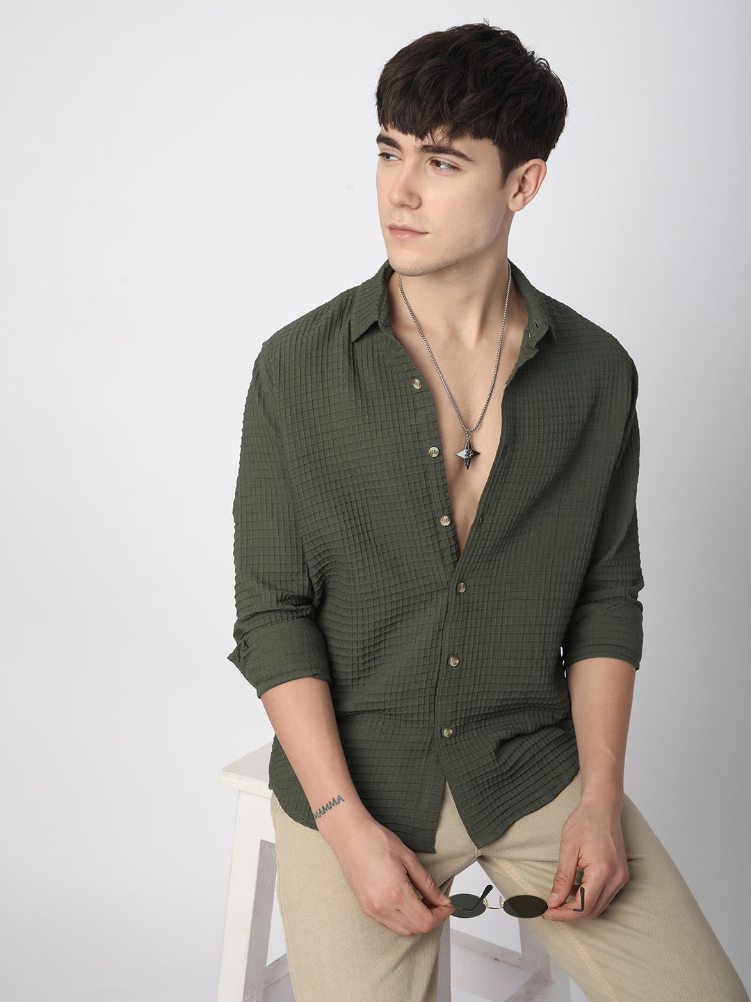 Olive Tiny Box Checks Emboss Textured Shirt