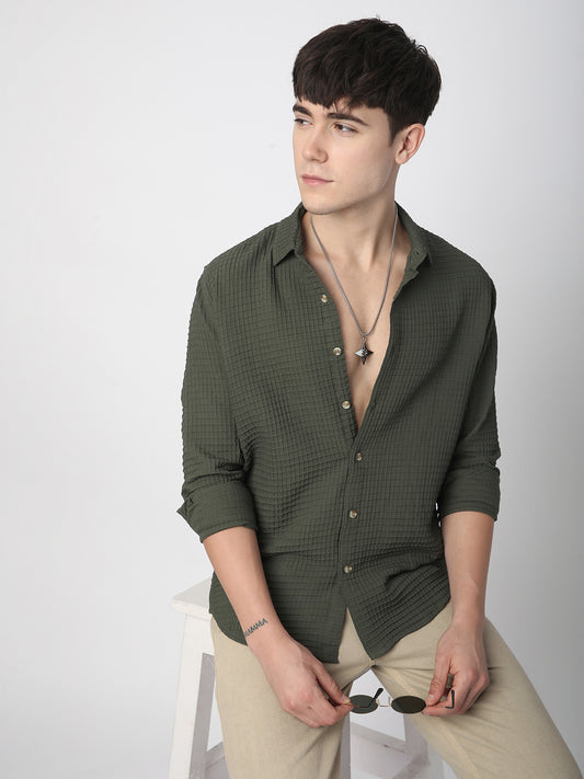 Olive Tiny Box Checks Emboss Textured Shirt