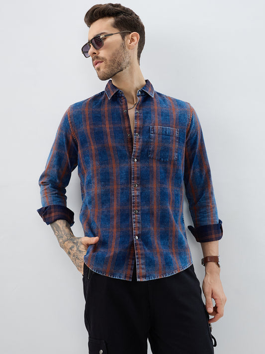 Versatile Navy & Copper Denim Plaid Checks Shirt