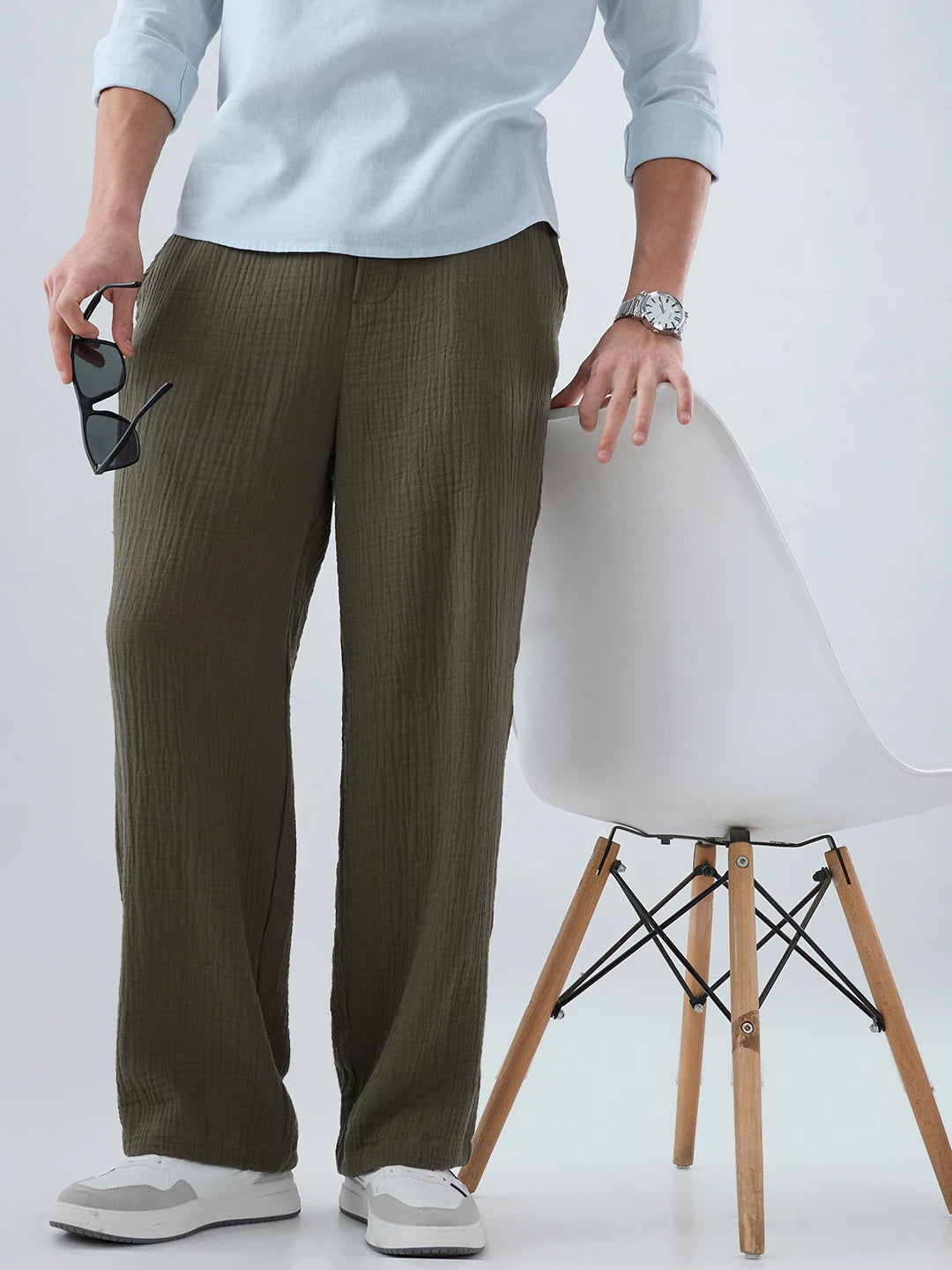 Olive Double Cloth Straight Fit Trousers