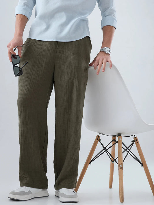 Olive Double Cloth Straight Fit Trousers