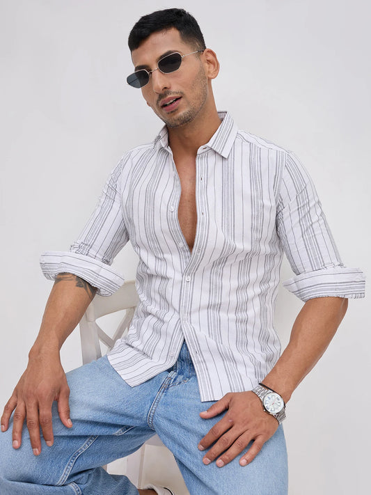 Monochrome Fine Threadwork Striped Shirt