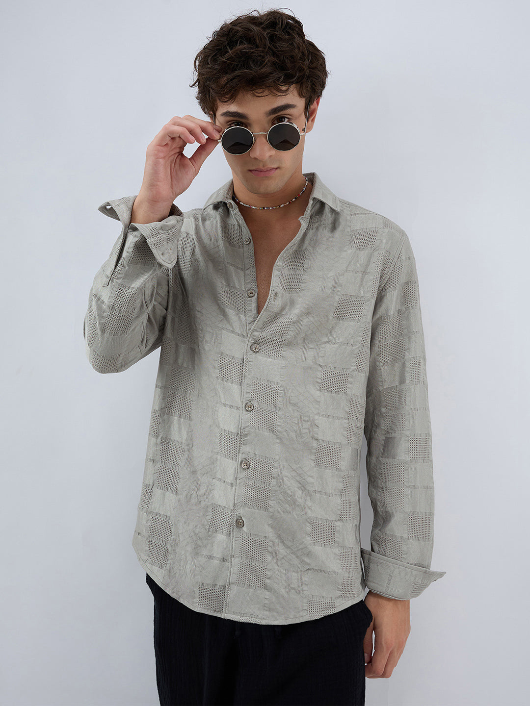 Grey Block Checks Motif Embossed Shirt