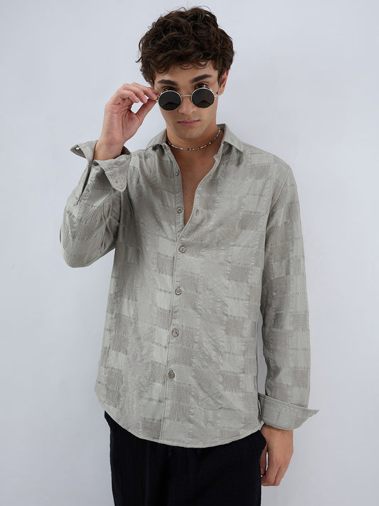 Grey Block Checks Motif Embossed Shirt