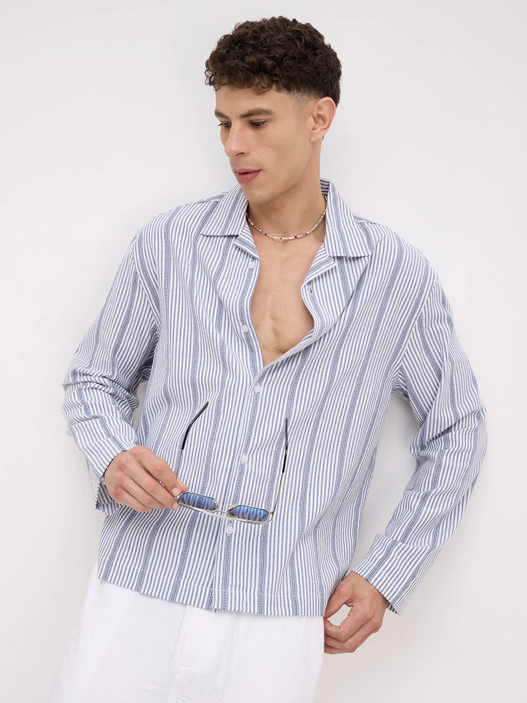 Luxe Blue Candy Striped Notch Collar Oversized Shirt