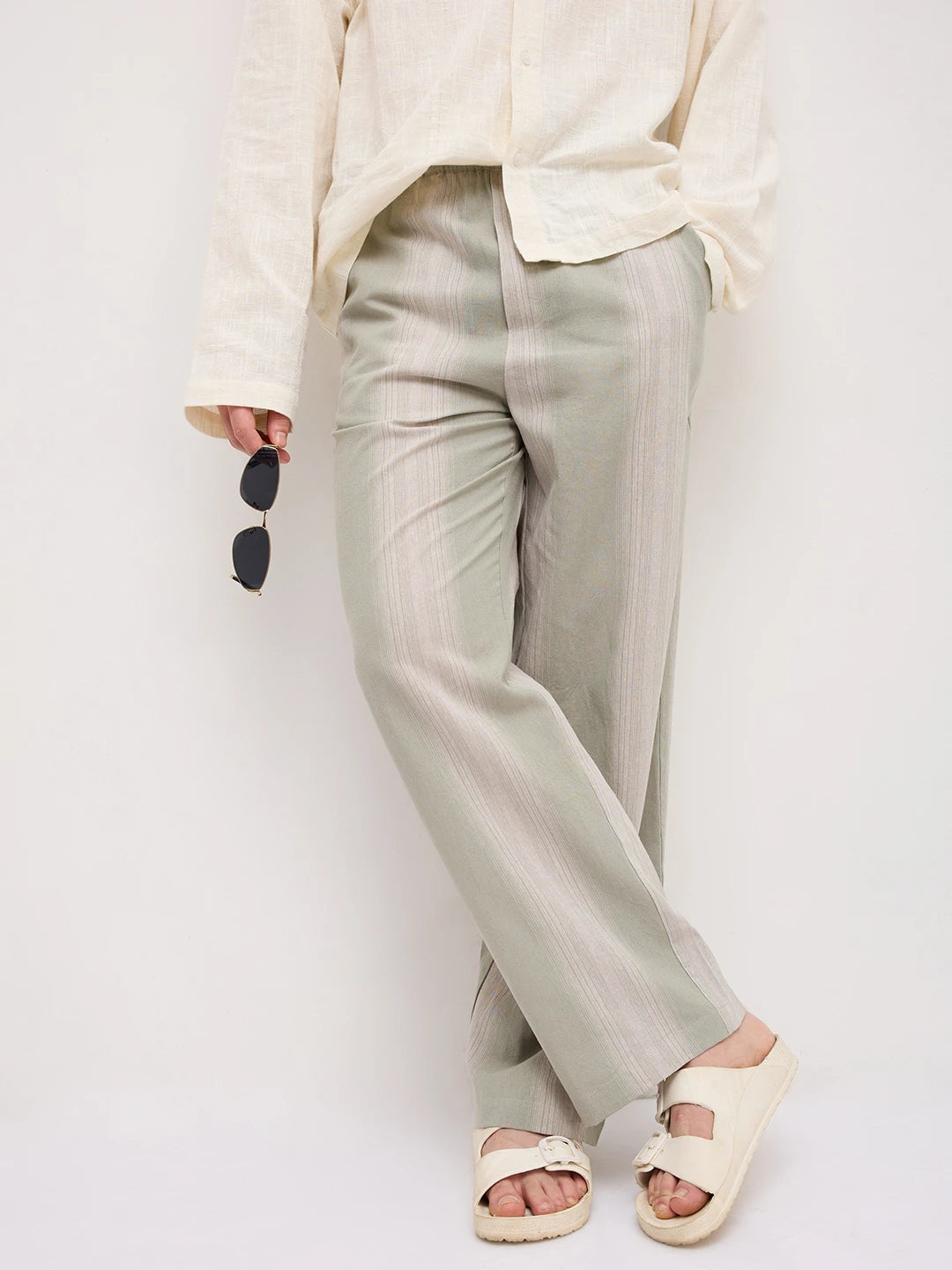 Laurel Green Striped Linen Blend Straight Fit Trousers