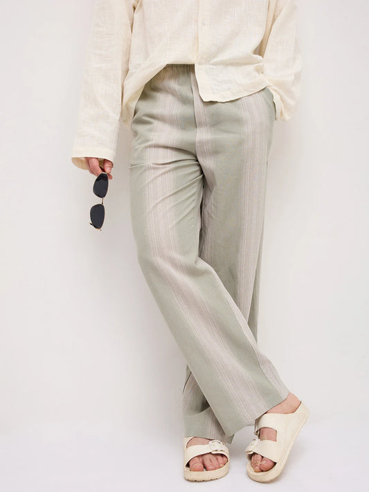 Laurel Green Striped Linen Blend Straight Fit Trousers