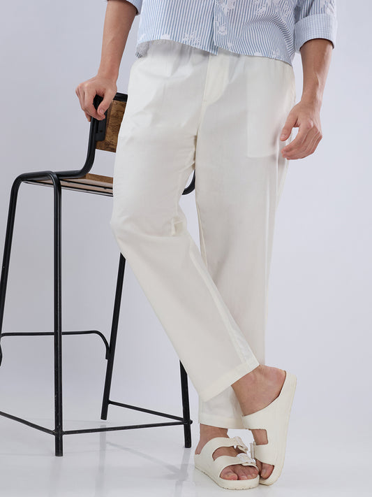 Solid Pastel Cream Tapered Trousers