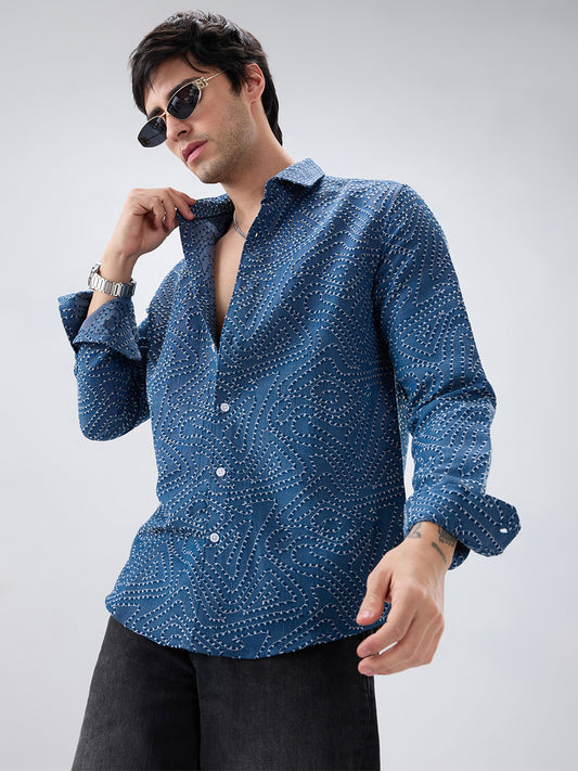 Ornate Navy Ornamental Raised Stitch Shirt