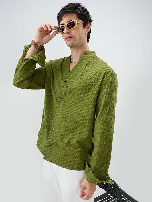 Basil Green Seersucker Striped Stand Collar Oversized Shirt