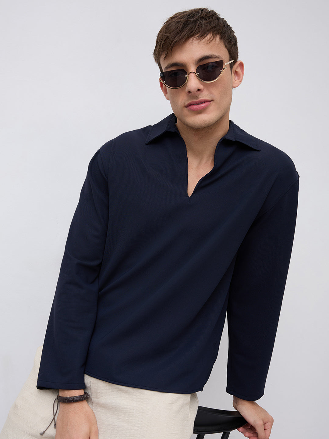 Navy Oversized Polo Tencel Knit Shirt