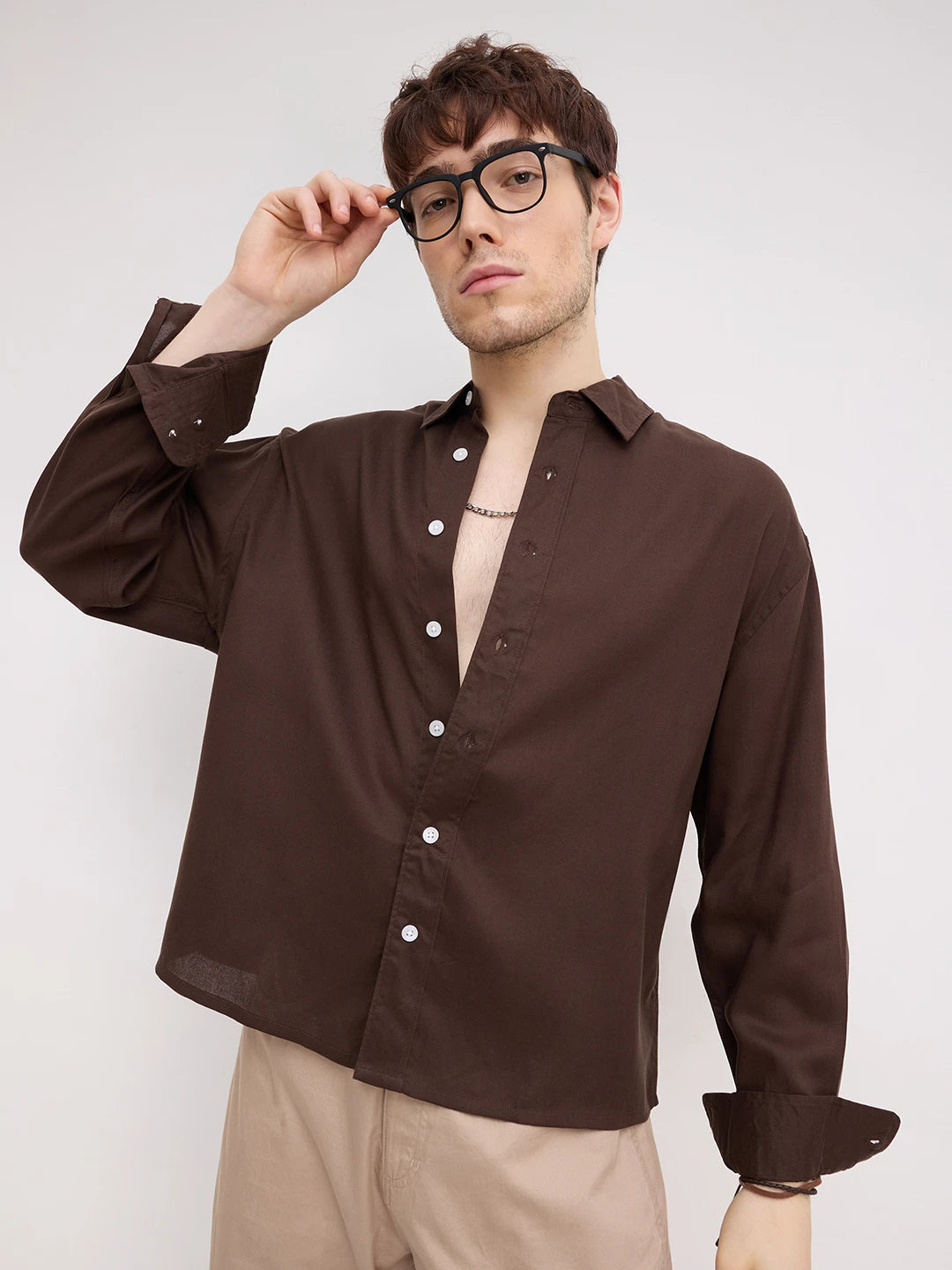 Luxe Espresso Brown Boxy Fit Crop Shirt