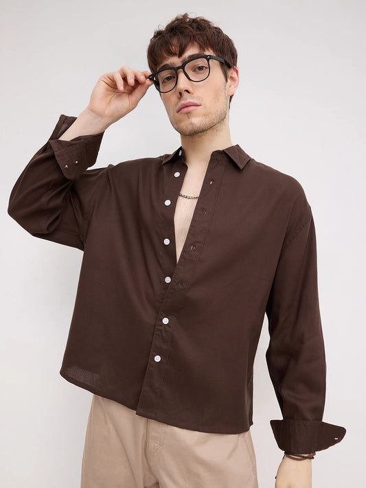 Luxe Espresso Brown Boxy Fit Crop Shirt