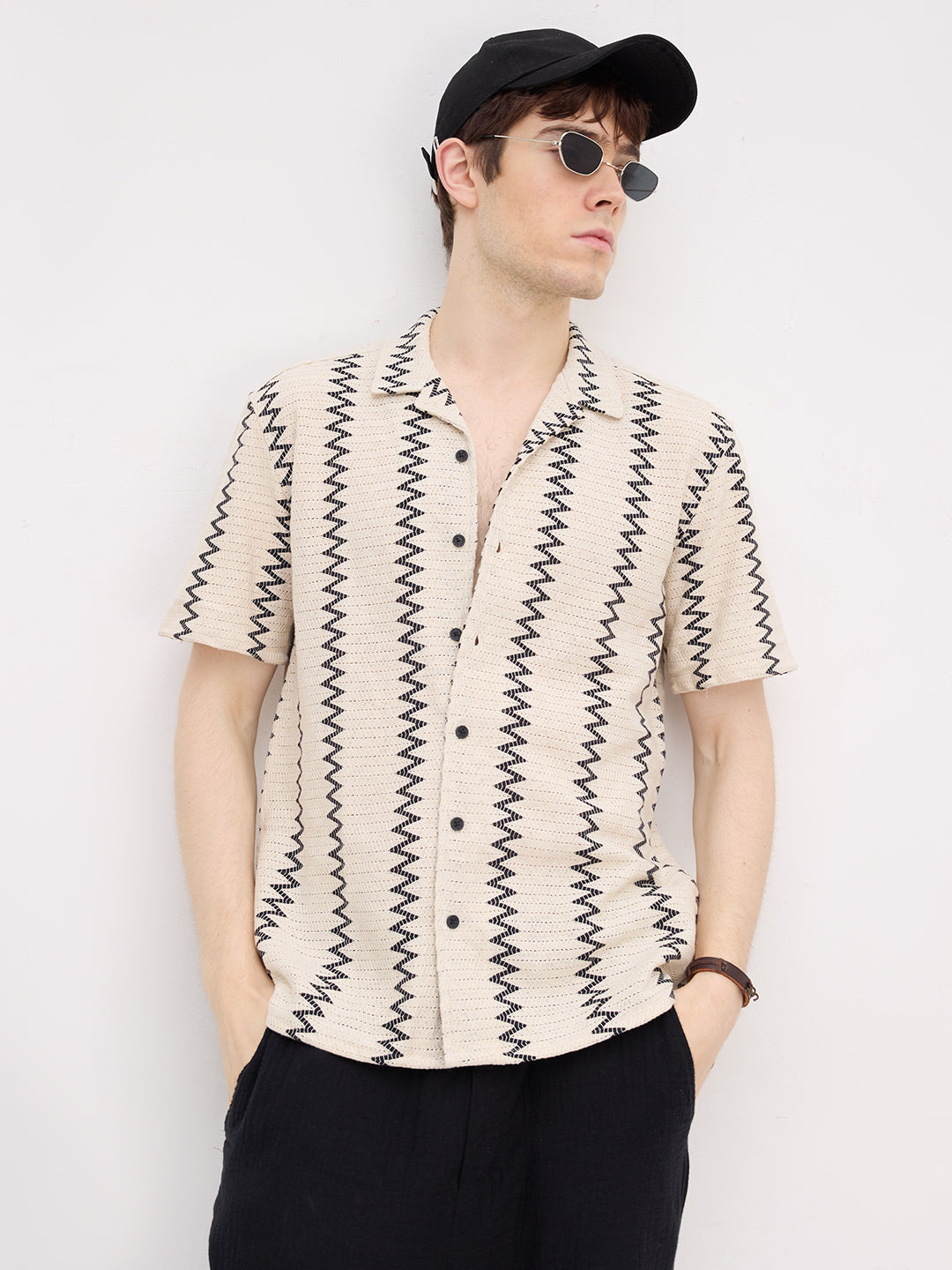Beige & Black Chevron Striped Notch Collar Oversized Shirt