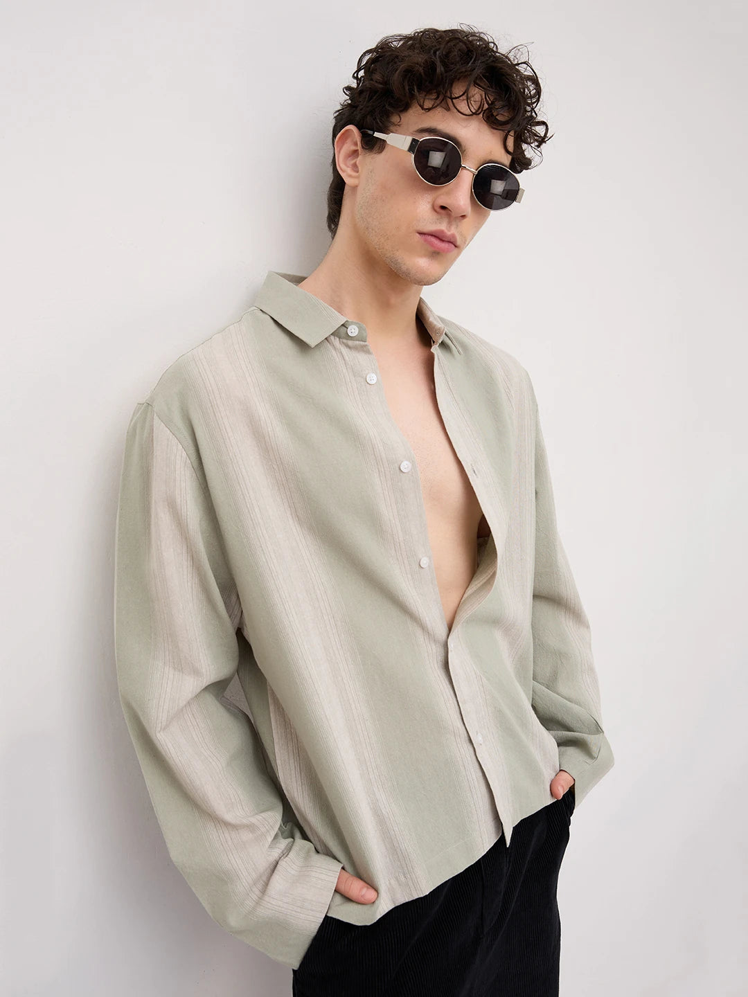 Mist Green Vertical Textured Cuffless Oversized Shirt