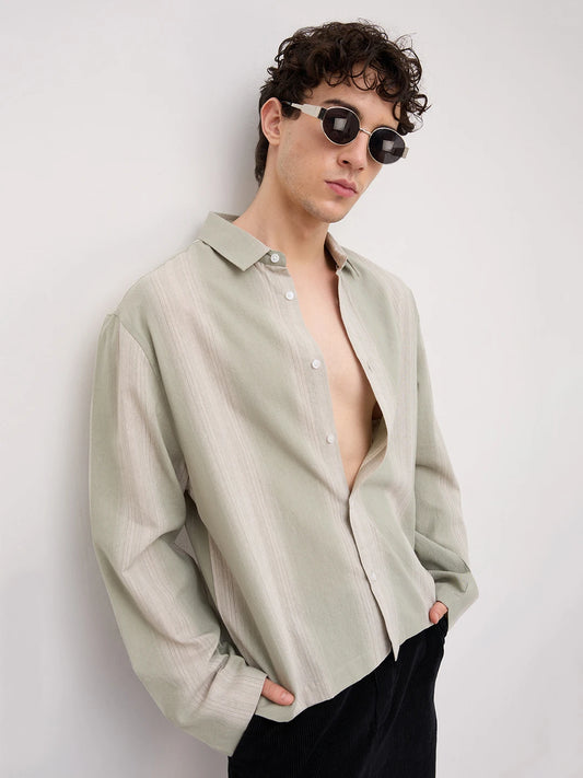 Mist Green Vertical Textured Cuffless Oversized Shirt