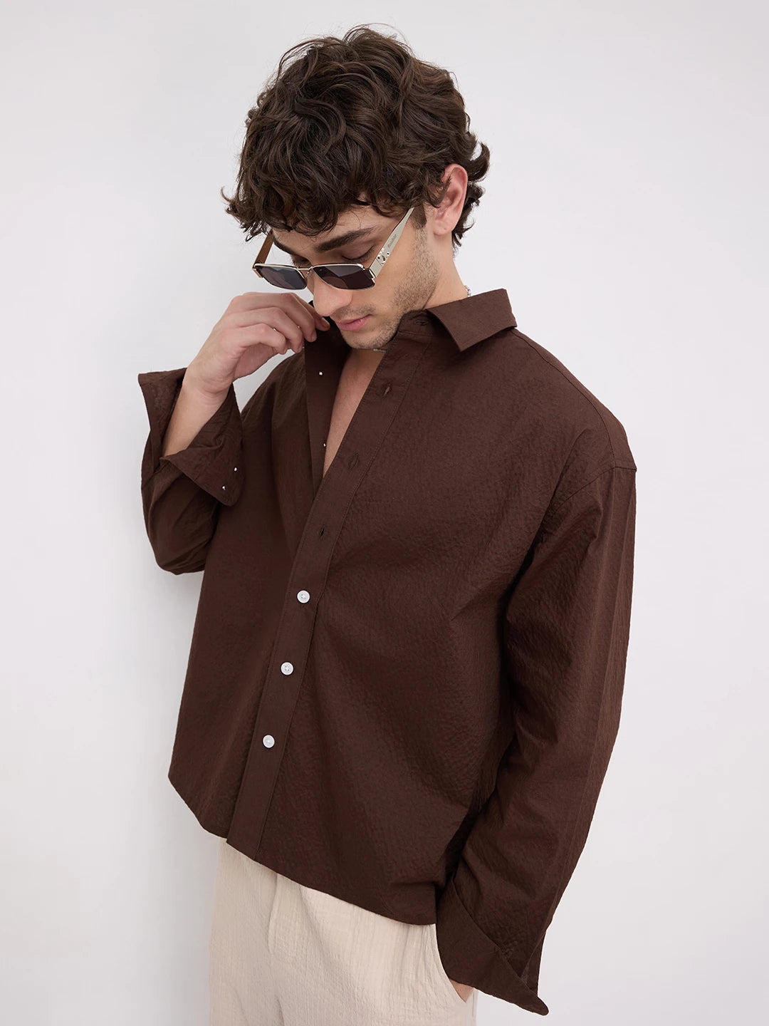 Rich Brown Boxy Fit Crop Shirt